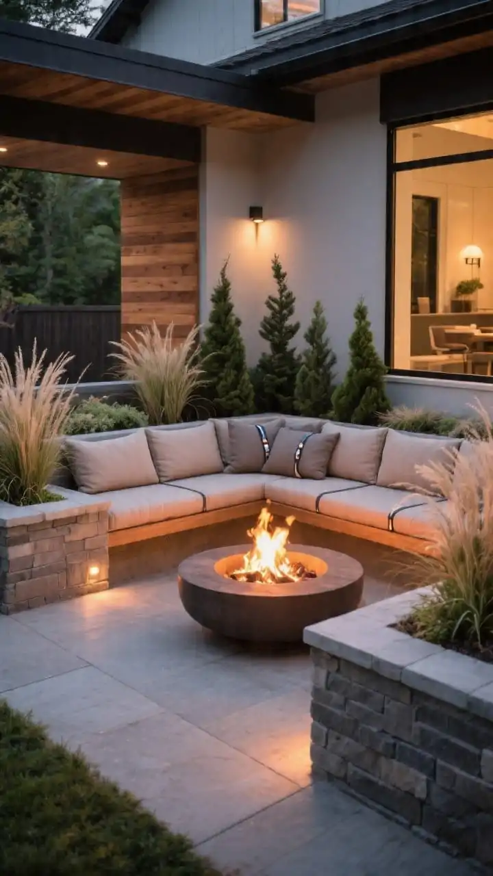 Medium shot of a built-in seating nook: an L-wrap built-in bench around part of a round fire pit with integrated planters at the bench ends; custom bench cushions secured with Velcro ties; planters filled with low-maintenance evergreens and ornamental grasses set safely away from the flames; modern masonry and wood detailing; warm evening firelight with subtle path light accents; angled view highlighting the custom, permanent feel.