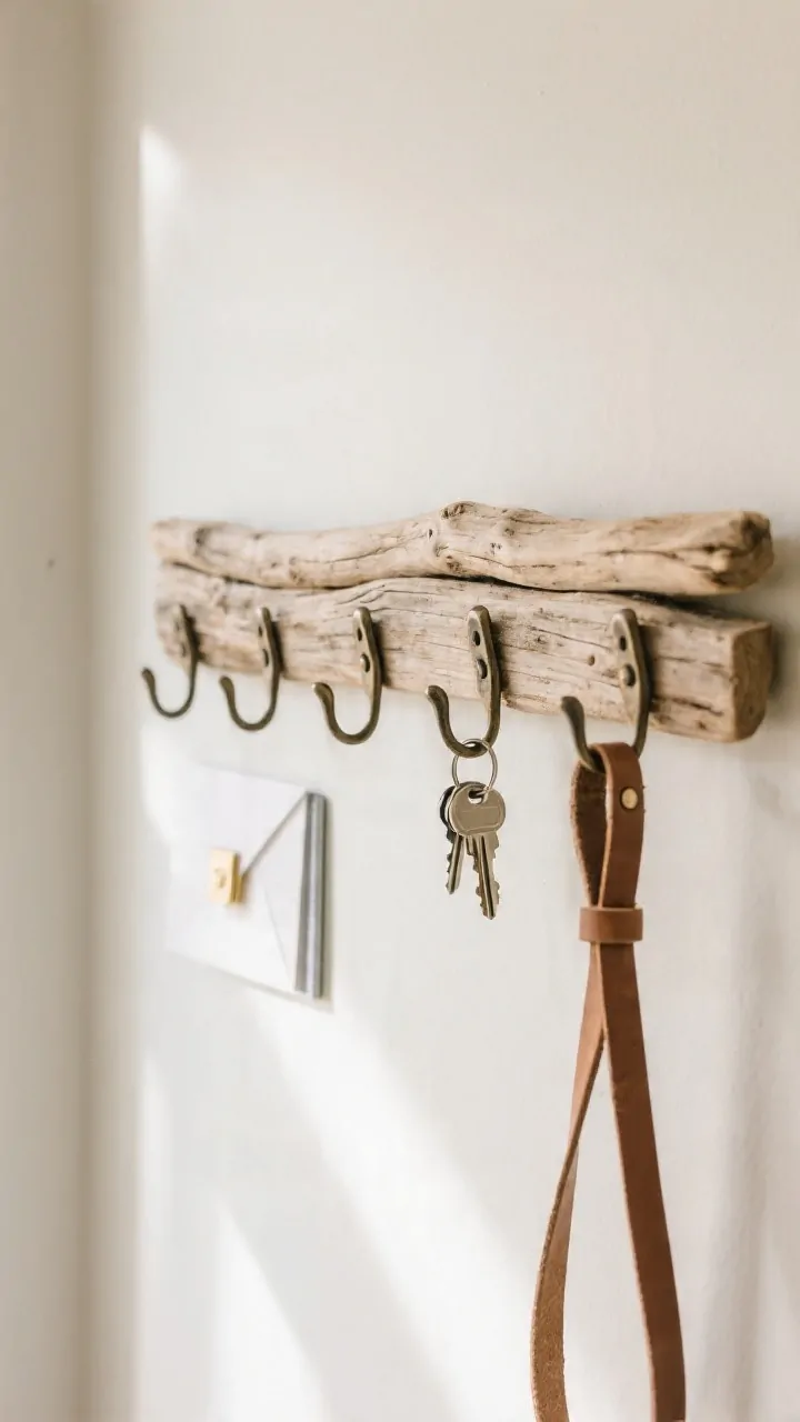 Medium shot of a coastal command center made from a sturdy, straight-ish driftwood piece (14–24 inches) mounted on a light neutral wall; 6 evenly spaced cup hooks twist into the underside for keys and dog leashes; boutique look achieved with leather loop straps as mounting; subtle add-ons include a tiny brass clip for mail and a slim magnet strip hidden at the back edge; minimal, practical, and pretty; soft indirect daylight from the left, photographed at a slight corner angle to show spacing of hooks and wood texture