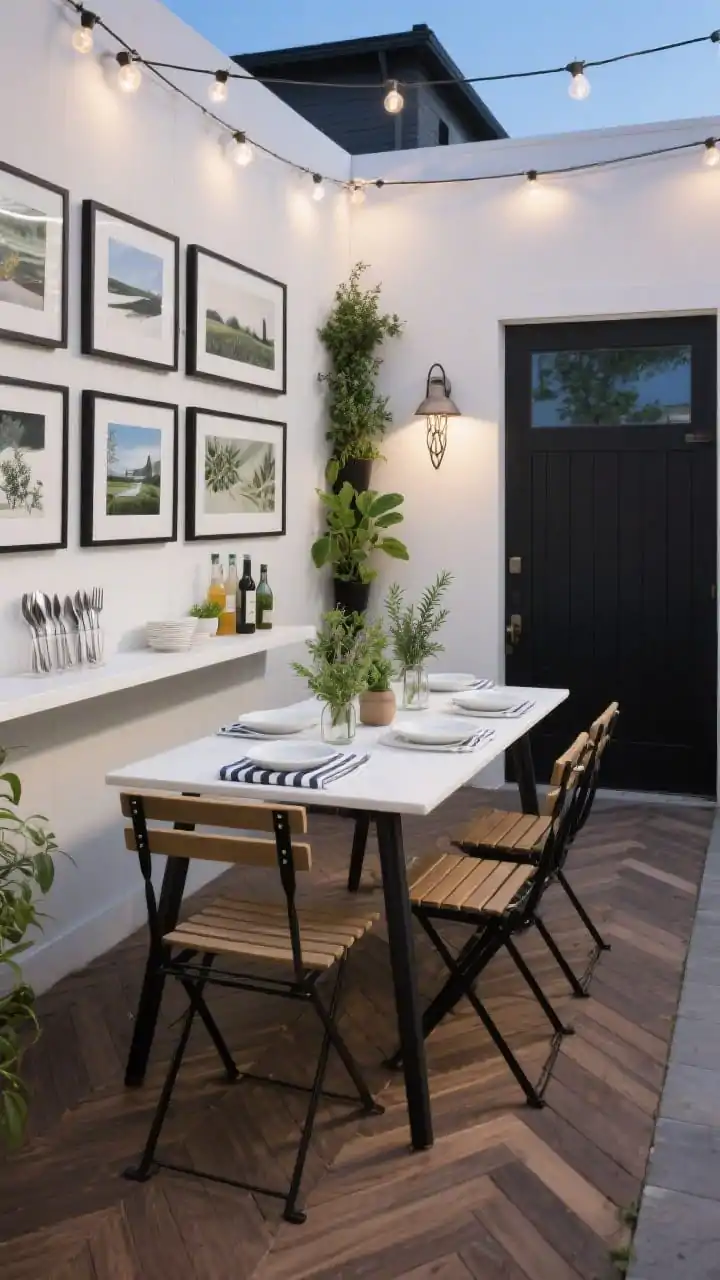 Medium shot of a compact outdoor dining gallery: narrow rectangular table centered on the path with stackable chairs, matte black, warm wood, and crisp white palette; slim console shelf along the fence holding drinks, cutlery, plants; staggered black frames with outdoor art prints forming a gallery wall, herringbone deck tiles below, tabletop styled with white melamine dishes, striped napkins, and bud vases with fresh herbs; vertical herb garden (rosemary, thyme, basil) on the wall; dimmable festoon lights overhead and a single sculptural sconce at the door during blue hour, photorealistic.