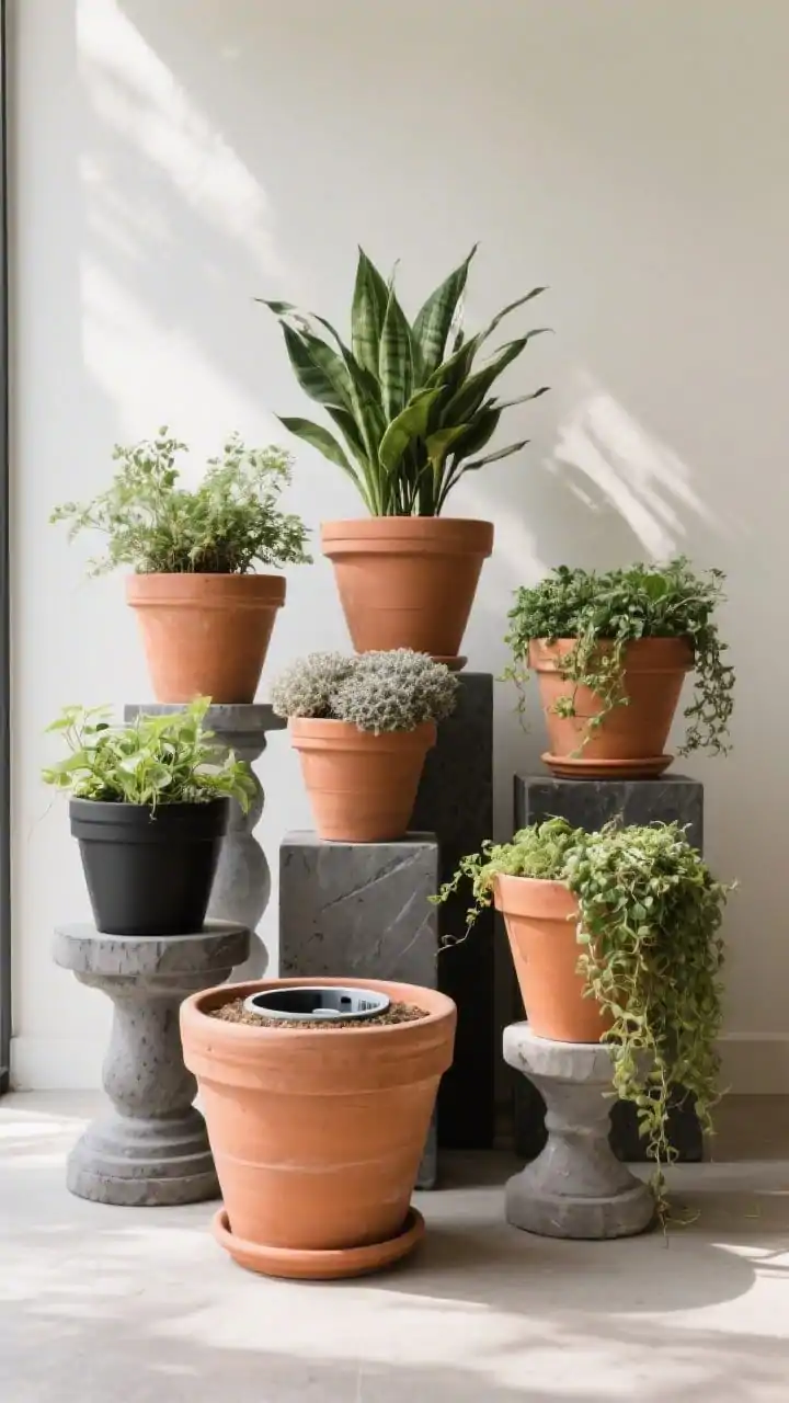 Medium shot of a curated container garden as a cohesive collection: grouped pots in odd numbers using a strict palette of terracotta, black fiberstone, and warm gray; varied heights via pedestals and plant stands creating a layered skyline; each container styled with the thriller-filler-spiller formula one statement plant, textural fillers, and trailing edges; deliberate negative space to prevent crowding; subtle midday light with soft shadows; include a visible self-watering insert rim on one pot as a hint of practicality, straight-on view
