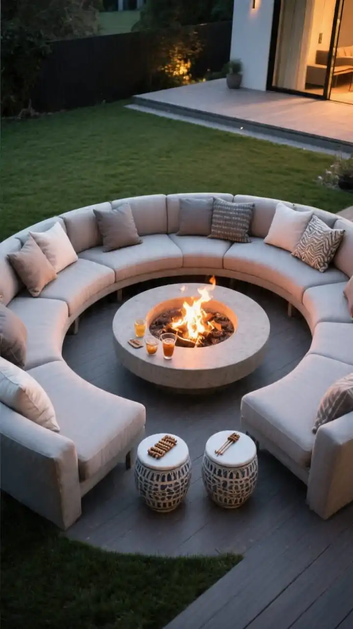 Medium shot of a curved outdoor sectional hugging a round concrete fire pit; performance fabric upholstery with quick-dry foam cushions and plenty of throw pillows; oval silhouettes and smooth lines; a low coffee table and two ceramic garden stools at the sectional ends holding drinks and s’mores tools; evening ambiance with soft warm firelight; clean lawn or deck surface; angled perspective to show the curve flowing around the pit.