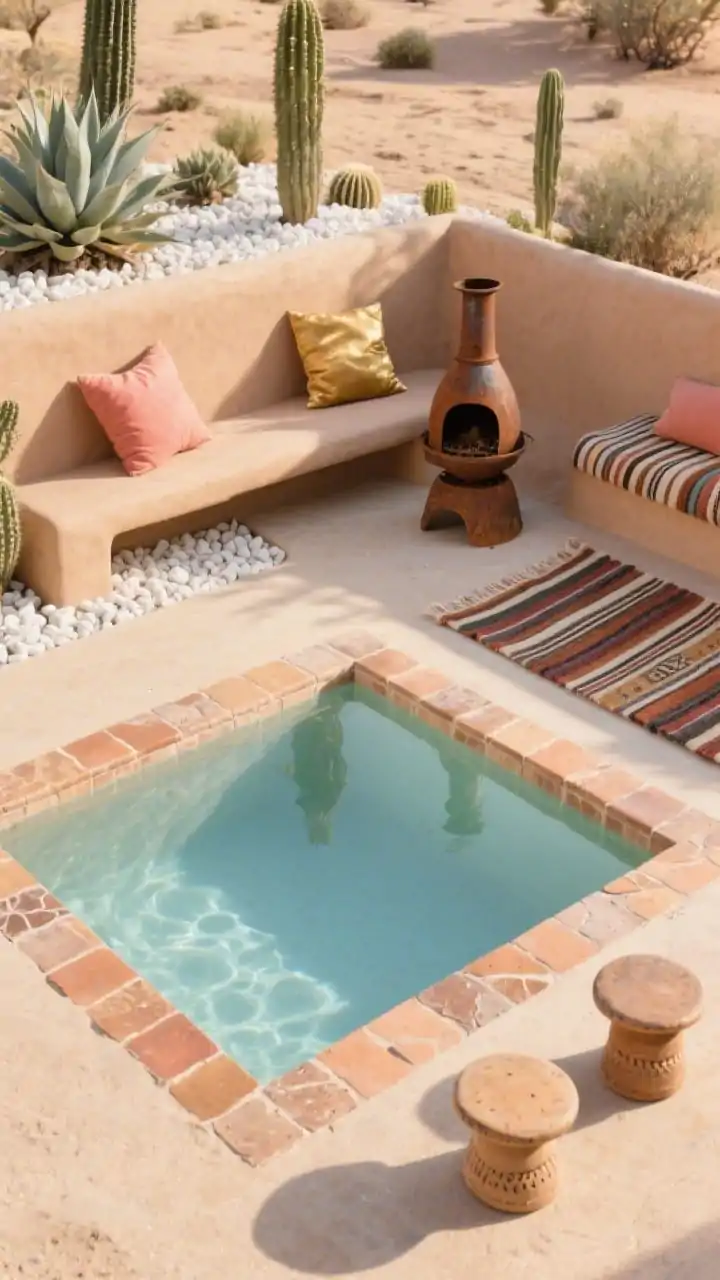 Medium shot of a desert plunge pool vignette: small square plunge set in sandy decomposed granite, chunky terracotta tile coping with hand-pressed variation, pale aqua water shimmering; a low adobe-style bench runs along one side with sculptural cushions in clay, coral, and gold; white gravel beds clustered with cacti and agave, a rusted metal chiminea nearby; a striped serape-style rug and trio of ceramic stools; warm golden-hour sunlight, palette of clay, sand, aqua, sun-baked neutrals; photorealistic.