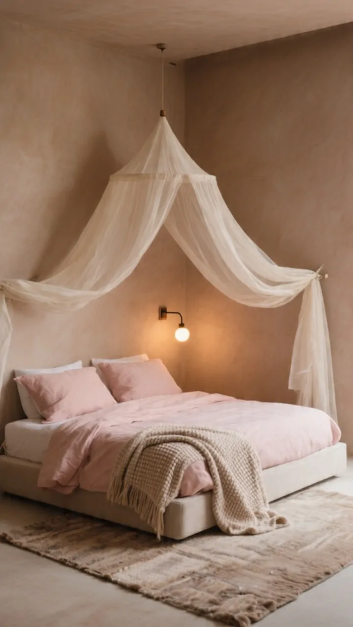 Medium shot of a low-profile twin floor bed styled for safety and magic: blush linen sheets, breathable cotton muslin duvet, lightweight waffle blanket layered neatly, plush throw at the foot; a sheer half-canopy in creamy white draping from a securely mounted bed crown; clip-on reading light with a warm bulb attached to the headboard; soft, warm evening lighting emphasizing cozy textures; neutral mushroom-toned wall and soft rug under the bed.