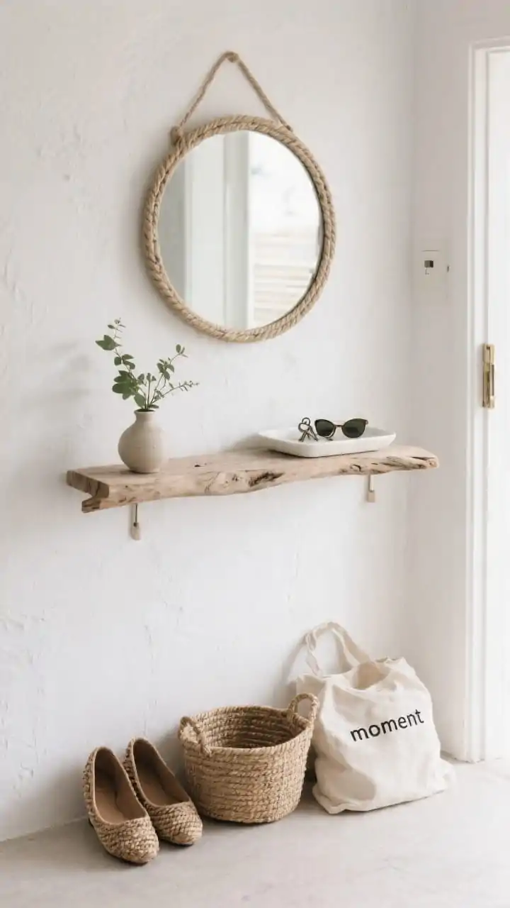 Medium shot of a minimalist entryway “moment”: a slim driftwood shelf mounted at hip height on a white plaster wall, styled with a simple white ceramic tray holding keys and sunglasses. Above, a round mirror with subtle rope detail; below, a trio of woven baskets for shoes and tote bags. Palette is monochrome and textural whites, beiges, sun-faded woods with a single sprig of greenery in a small ceramic bud vase. Even natural lighting, calm coastal vibe, clean lines, texture-on-texture.
