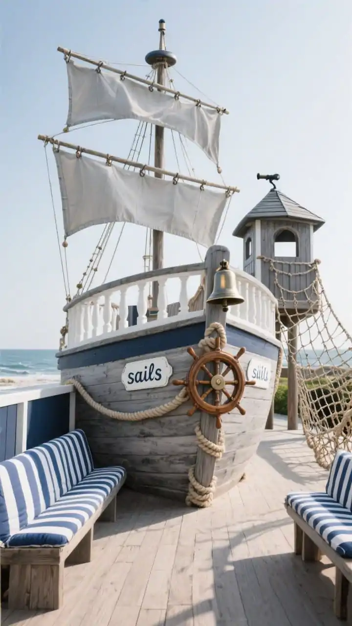 Medium shot of a nautical ship deck play structure with a bow-shaped front, weathered driftwood-gray stain, chunky rope details, and canvas “sails” made from outdoor fabric on dowels; deck rail features a mounted captain’s wheel and a polished ship’s bell; along one side a low-to-high cargo net for climbing; small crow’s nest perch with a spyglass; blue-and-white striped seat pads on benches; palette of navy, crisp white, and driftwood gray; straight-on seaside vibe with soft coastal daylight; add stenciled ship nameplates on the hull; no people, photorealistic.