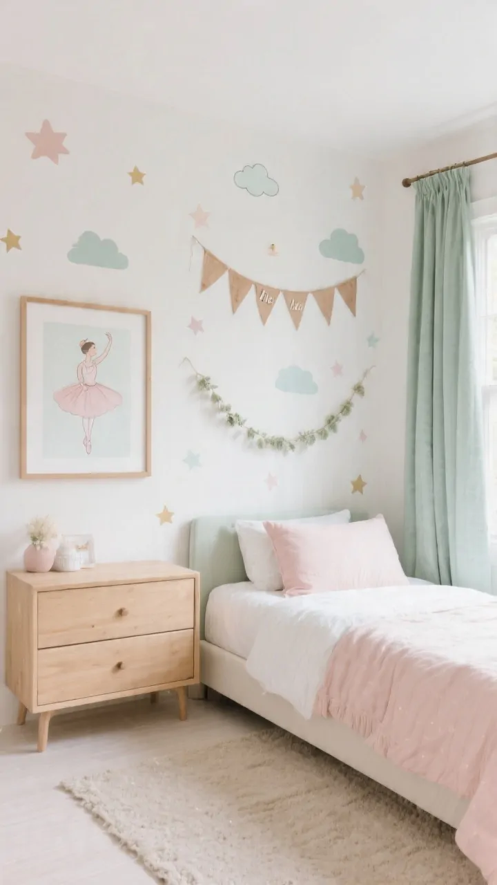 Medium shot of a personalized yet subtle whimsical wall above the bed: removable star and cloud decals sprinkled asymmetrically, one large framed art print with a gentle ballerina illustration, a simple wooden name pennant flag above the dresser, and a delicate garland strung over the dresser (not over the bed) for balance and safety; timeless base elements like neutral rug and curtains; soft blush and sage accents; bright natural light, uncluttered and chic.