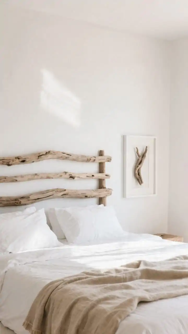 Medium shot of a serene Tulum-inspired bedroom with a driftwood headboard. Two options blended in frame: main bed with horizontal driftwood planks, smoothed and sealed matte, paired with crisp white bedding and a rumpled natural linen throw in oat; to one side, a small framed panel mini-headboard vignette featuring a single curated driftwood piece within a simple white frame. White walls, soft morning light, textures of linen and raw wood highlighted; airy, organic silhouettes and negative space.