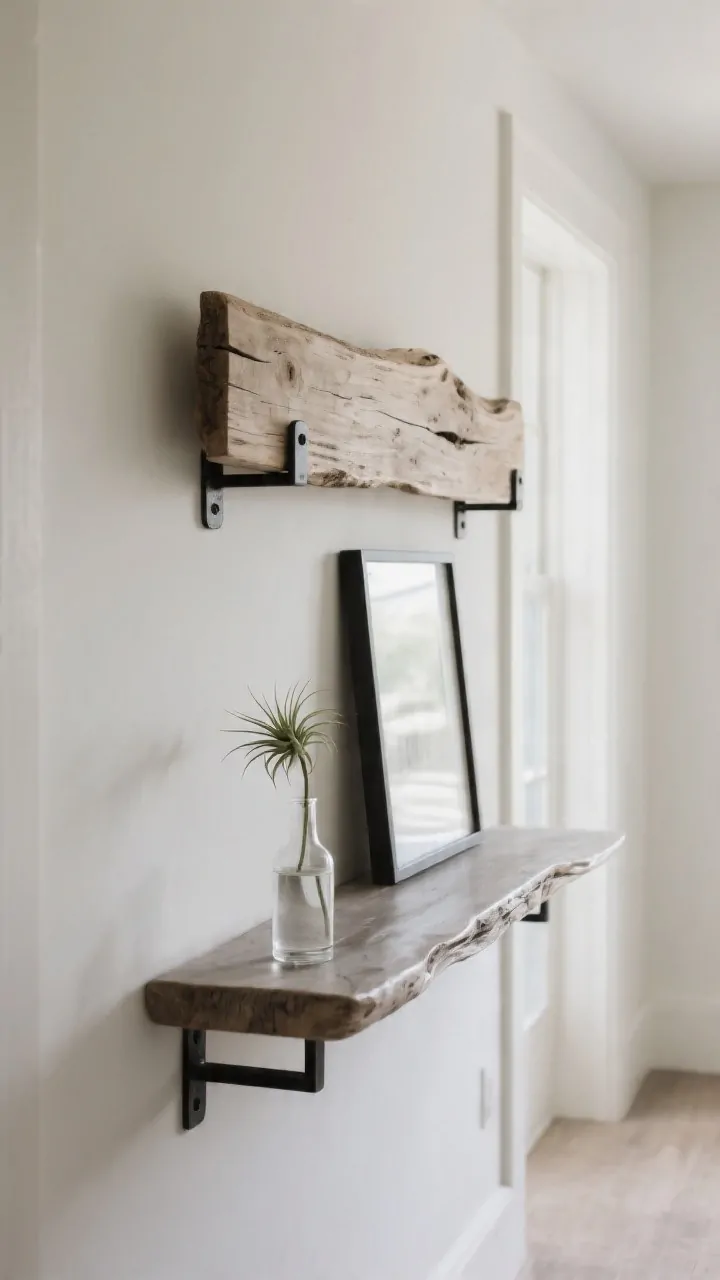 Medium shot of a sleek driftwood wall ledge mounted above a narrow hallway console; one thick, flat-ish driftwood slab (2–4 inches deep) secured with matte black L-brackets, perfectly leveled; styled with a slim leaning frame, a single clear bud vase with a sprig, and a tiny air plant; art-first, storage-second vibe; neutral coastal palette of whites, sands, and smoky grays; soft natural side lighting from a nearby window; straight-on perspective showing bracket details and the ledge’s sculptural edge