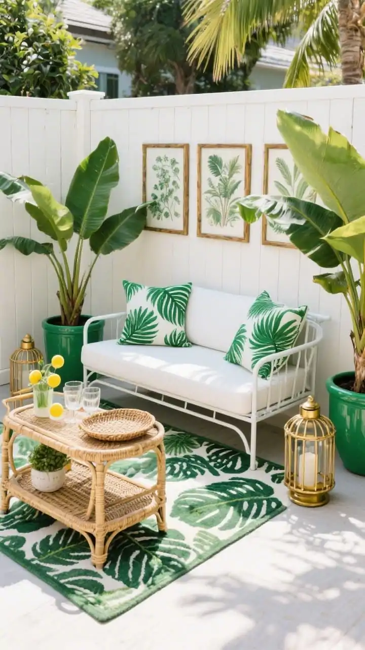 Medium shot of a tropical micro-resort vignette: a leafy-print outdoor rug grounds a white metal loveseat with jungle-green cushions and palm-print pillows; flanking the seating are oversized banana leaf plants in plastic pots spray-painted matte brass; a rattan bar cart holds lemon water, glassware, and a small potted monstera; bamboo lanterns and a woven tray add accents; backdrop fence displays weatherproof botanical art in thrifted frames; color palette: emerald, white, matte brass; photorealistic, bright midday light with dappled shadows.