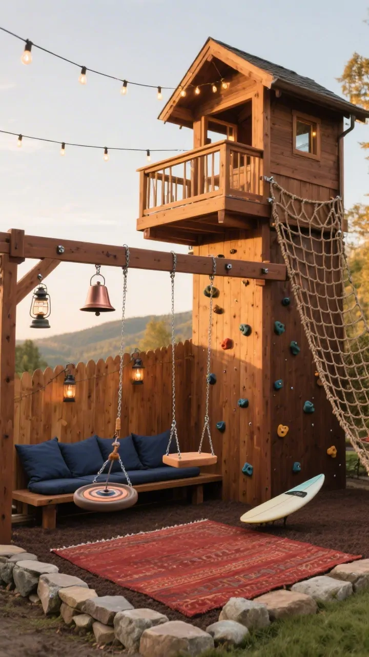 Medium shot of a warm chestnut-stained cedar “mini mountain lodge” swing set with climbing tower: pressure-treated cedar frame, climbing wall and cargo net leading to a lookout deck; under the main beam a standard belt swing paired with a spinning disc swing, plus a surf swing on the end. Deep engineered wood fiber ground cover with recessed anchor plates and capped hardware. Decor includes string cafe lights from tower to fence, camp-style lanterns, navy canvas cushions on the bench below, rust-red outdoor rugs, stacked-stone border, and a copper bell at the deck. Golden-hour lighting, angled corner perspective.