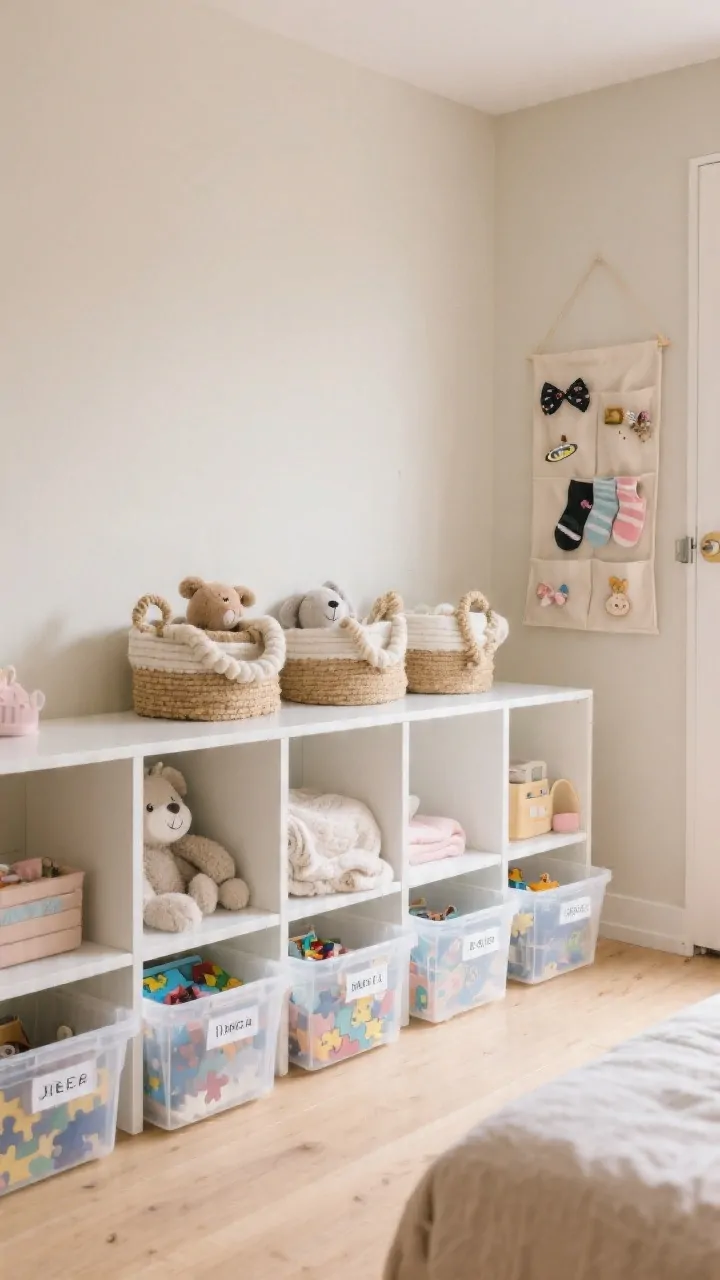 Medium shot of hardworking cute storage along one wall: IKEA-style white cubby shelf with fabric bins, soft rope and felt baskets for stuffed animals and blankets, clear under-bed bins partially pulled out with puzzles visible and labeled, an over-the-door pouch organizer holding hair bows, socks, and tiny treasures; calm, clutter-free look with only a few items visible; soft daylight, oat-colored walls and light wood floor.