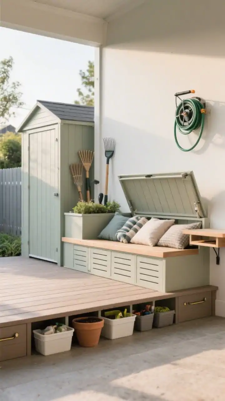 Medium shot of smart, disappearing storage: a built-in planter bench with slatted front and hinged top open to reveal neatly stored cushions and hand tools; a slim vertical shed painted the same color as the fence blending into the background, sized for rakes and a hose reel; deck skirt drawers under a slightly raised deck pulled out to show organized bins with potting supplies; a wall-mounted hose reel and a small fold-down potting shelf creating a tiny workstation; neutral tones, tidy and unobtrusive, soft morning light, straight-on composition