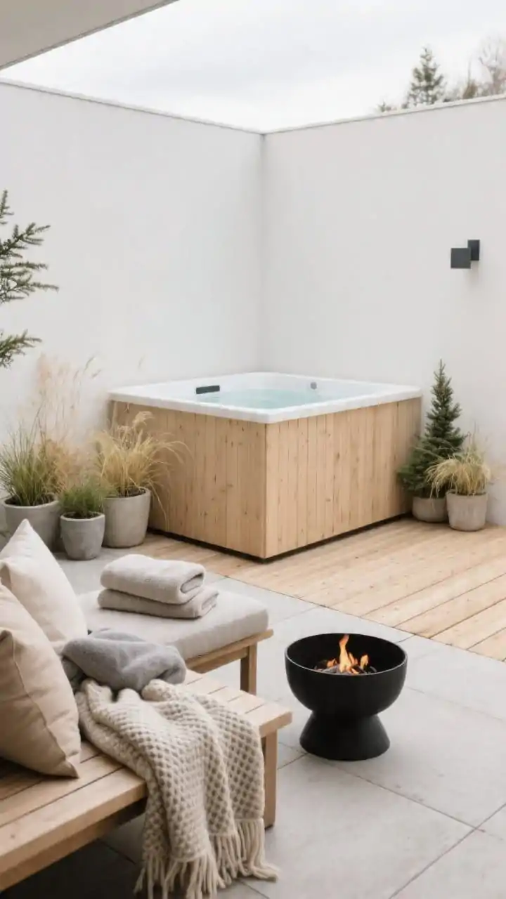 Medium shot, overcast soft light: A Scandinavian-inspired spa corner with a square hot tub clad in pale cedar/composite, flanked by blonde/thermally modified wood decking and light concrete pavers. A simple matte-black smokeless fire bowl sits nearby. Neutral textiles wool throws, waffle-weave towels, and sand/gray/oatmeal outdoor cushions are neatly folded on a bench. Clustered planters hold grasses and evergreens for year-round greenery. Clean lines, clutter-free, serene minimalism.