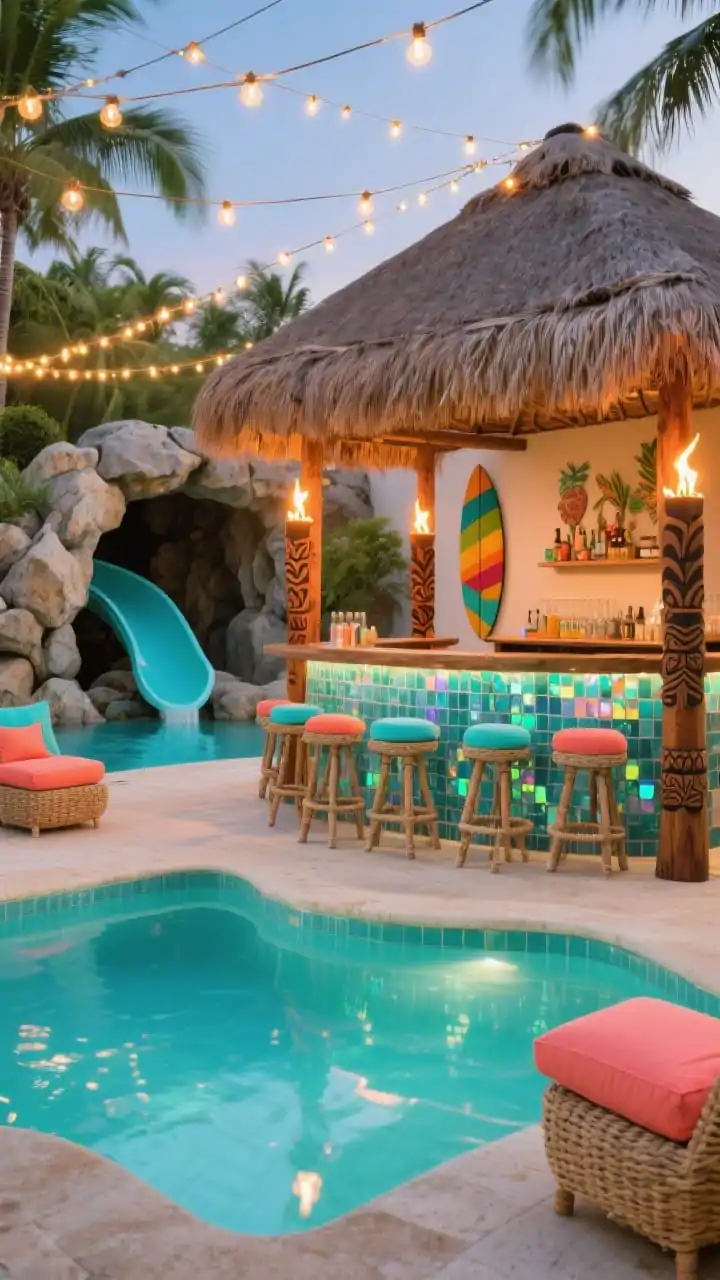 Medium shot, photorealistic: A tropical tiki resort pool scene with a lagoon-style basin and a shallow mingling cove leading to a lively swim-up bar. Submerged stools are faced in iridescent aqua mosaic, and the bar is capped with a thatched palapa roof. Tiki torches and carved balau wood posts flank the bar; string lights crisscross overhead. In the background, a rock grotto with a playful slide emerges from river rock. Furnishings: woven bar stools and bright Sunbrella cushions in coral and turquoise, with a colorful surfboard propped as wall art. Color mood: turquoise, coral, sandy neutrals. Lighting: warm evening torchlight and string light sparkle.
