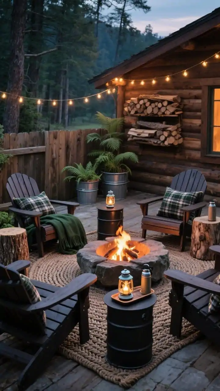 Medium shot, Rustic Cabin Lounge With Fire Pit Glow: circular arrangement of dark-stained wood Adirondack chairs around a lit stone fire pit; braided outdoor rug underfoot; wool-look outdoor throws in deep green and charcoal draped over chair arms; plaid pillows adding camp style; stump-style and blackened metal drum side tables holding enamel lanterns; a wall-mounted stacked wood rack on a timber fence; galvanized planters with ferns; vintage-inspired thermos on a tray; warm firelight plus string lights overhead; moody, woodsy palette; corner angle at dusk.