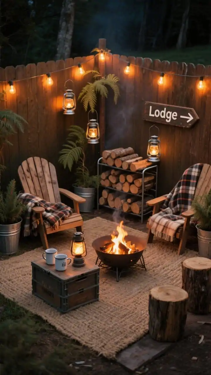 Medium shot, rustic campfire corner at night: a portable smokeless fire pit centered on a chunky jute rug; wooden Adirondack chairs and a couple stump stools in a semicircle, plaid blankets draped over the backs; a low crate table holding enamel mugs and a lantern; a neat stack of split logs in a metal rack; amber string lights above and enamel camp lanterns with LED inserts glowing; ferns and small evergreens in galvanized buckets around the perimeter; a small enamel sign or DIY arrow reading “Lodge →” on the fence. Cozy, ember-lit atmosphere.