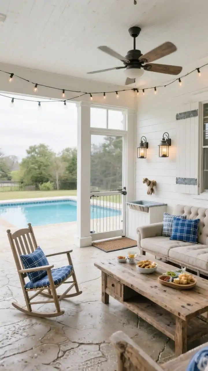 Medium shot, rustic farmhouse pool porch on an overcast bright day for soft light: board-and-batten pool house opening to a screened porch overlooking a classic rectangle pool. Buttermilk white, denim blue, and weathered oak palette with galvanized metal accents. A chunky farmhouse table set for snacks, rocking chairs with denim-blue plaid performance cushions, and a deep tufted outdoor sofa with lift-up storage partially open. Textured sealed stamped concrete floors with a soft stone look; integrated pet gate swinging from a porch post; a corner raised feeding station with a splash mat; string lights overhead, lantern sconces, and a ceiling fan in motion to suggest airflow; cozy, welcoming, photorealistic.