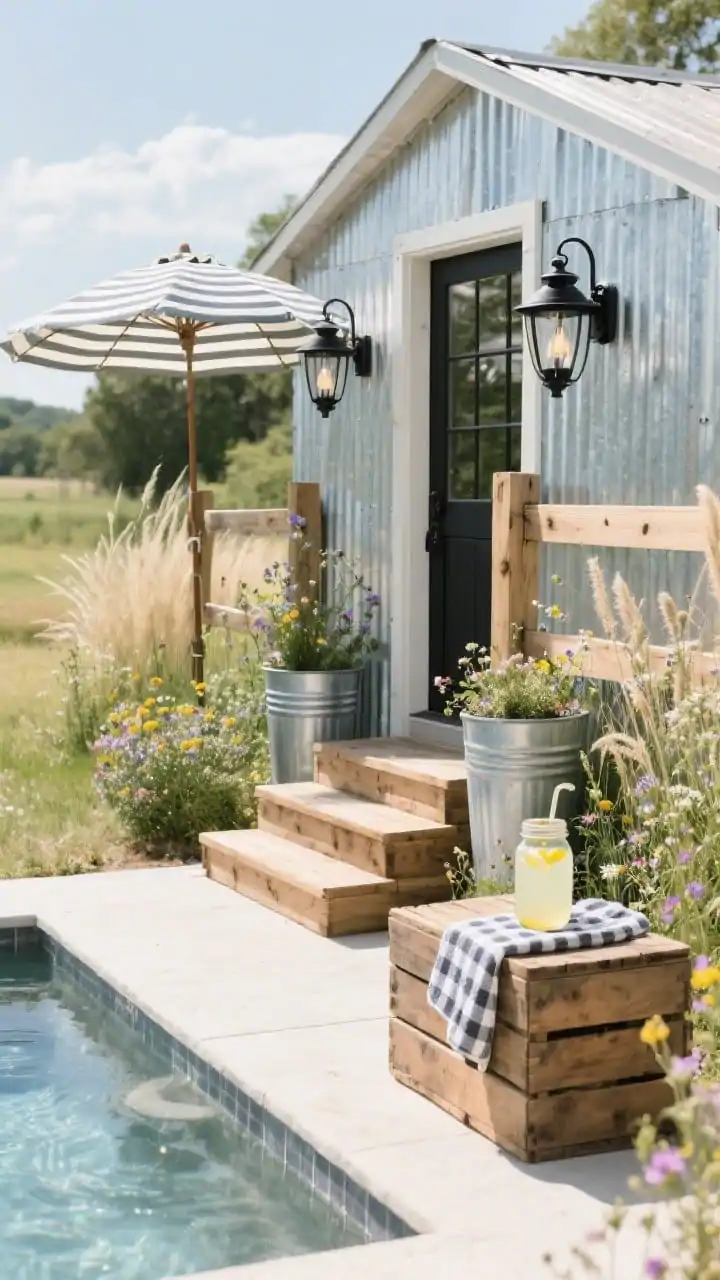 Medium shot, rustic farmhouse stock tank retreat: galvanized stock tank pool with raw zinc-silver exterior, a tiny two-step cedar stair for entry, perimeter planting of wildflowers and ornamental grasses for a meadow feel; vintage-inspired striped umbrella, galvanized planters, black lantern sconces mounted on simple fence posts; a wooden crate used as a side table with a checked towel and a mason jar of lemonade; palette of zinc silver, cream, cedar, and black accents; bright sunny country afternoon lighting; photorealistic, no people.