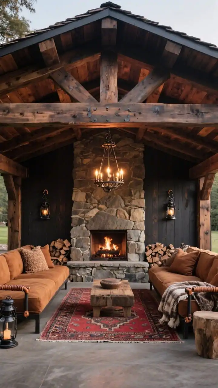 Medium shot, rustic timber pavilion seating area: Heavy timber pavilion with exposed rafters and a dark-stained tongue-and-groove ceiling; a chunky center beam holding a hammered-iron chandelier; stone-clad outdoor fireplace at one end; plush sectional in caramel performance fabric with nubby pillows and wool-look throws; a kilim-inspired rug softening the stone and wood; details like blackened hooks for lanterns, leather-wrapped handles, and neatly stacked firewood; roofing reads as dark metal or cedar shakes; palette of walnut, charcoal, caramel, ember red; deep shade with warm chandelier glow; photorealistic, no people, straight-on view toward the fireplace.