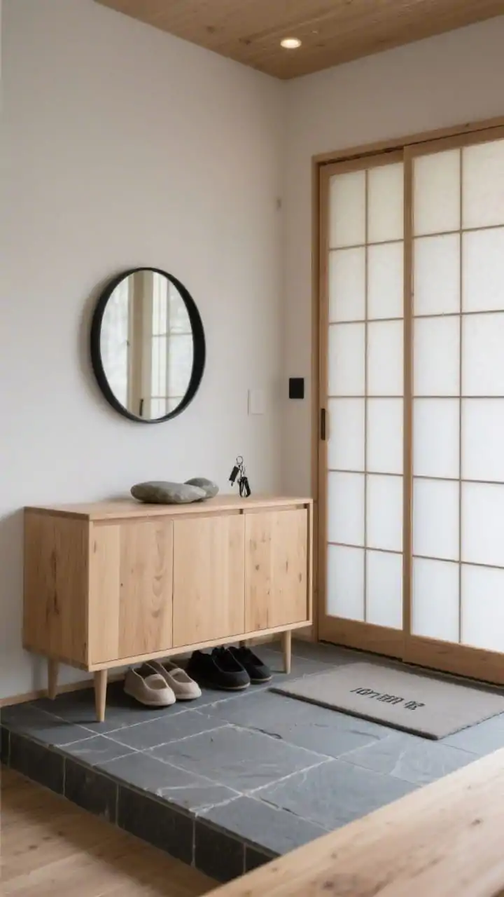 Medium shot, serene Japandi entry, eye-level: slim waist-high blonde ash shoe cabinet topped with a smooth river-stone tray holding keys; above hangs a low, wide round mirror in black oak; opposite wall visible with Shoji-inspired sliding closet doors featuring translucent washi-style panels filtering soft light; a raised slate tile entry pad by the door indicating a mini genkan for removing shoes; palette blonde wood, slate grey, warm white, ink black; finishes ash veneer, textured slate, washi-style panels; tranquil, intentional, soft ambient lighting.