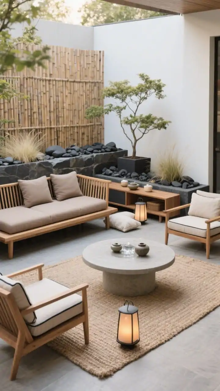 Medium shot, serene straight-on view: A Japandi patio zone featuring a slatted acacia platform sofa in a natural finish with taupe cushions and charcoal piping, set on a flat-weave sisal-look rug. A round concrete coffee table adds sculptural weight. Calm palette of stone, charcoal, oak, and soft white. Bamboo screens define the area; planters edged with black river stones hold dwarf maples and fine grasses. Low armchairs with clean lines, a narrow bench doubling as a sideboard with a ceramic tea set and linen floor cushions nearby. Simple lanterns with warm LED candles and a small tabletop water feature providing gentle sound. Soft, diffused daylight, photorealistic.