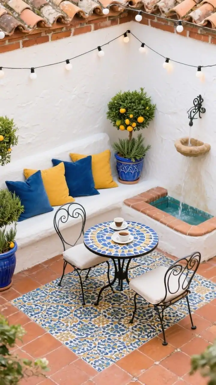 Medium shot, slight overhead angle: A Mediterranean courtyard escape framed by terra-cotta tiles. A whitewashed stucco-look bench is layered with indigo and saffron cushions. Nearby, curvy wrought-iron chairs surround a small mosaic-tile bistro table set for morning espresso. Cerulean ceramic planters hold dwarf citrus and rosemary topiaries. A wall-mounted water fountain trickles gently, while soft white café lights arc overhead. Patterned outdoor tiles form a mini “rug” under the seating, adding a pop of color and motif. Palette: terra-cotta, white, indigo, saffron, lush green. Materials: ceramic tile, stucco textures, wrought iron, linen.