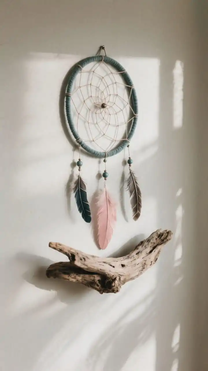 Medium shot, slight upward angle: A dreamcatcher-inspired wall piece featuring a large metal hoop wrapped in suede cord. A rugged driftwood shard anchors the base; a few ethically sourced feathers and smooth bead accents hang off-center for asymmetrical sway. Color scheme is neutral with a single accent in dusty rose (or slate blue/olive). Gentle cross-breeze implied, soft natural light creating delicate shadows; no people.