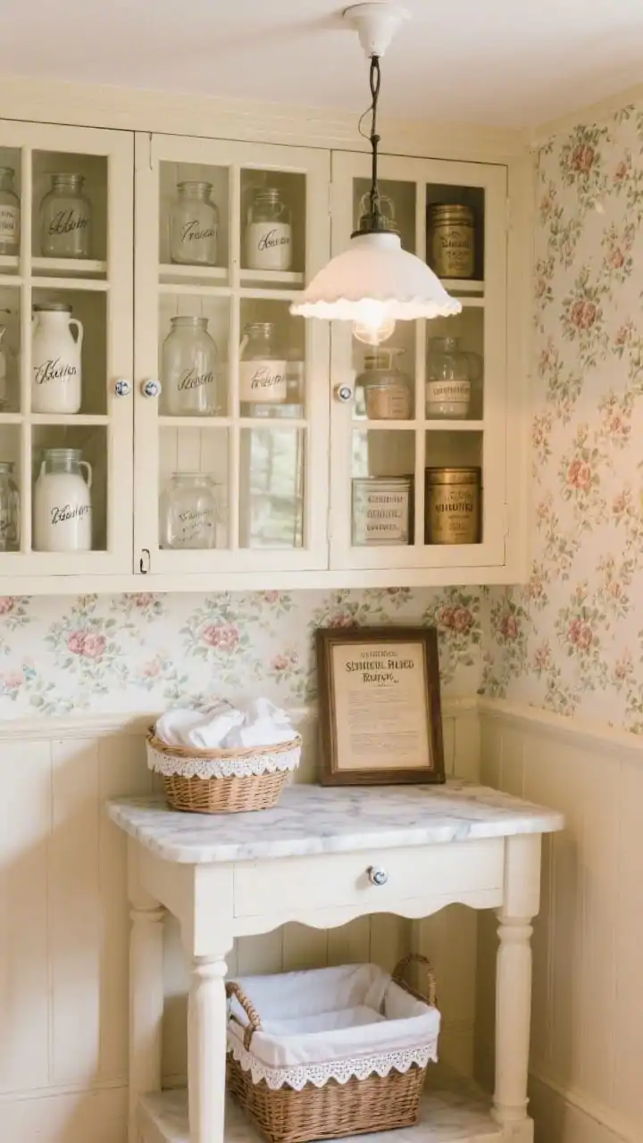 Medium shot, slightly elevated angle: A cottagecore pantry with buttermilk-painted walls and floral wallpaper on the backs of shelves; glass-front cabinet doors with muntins and porcelain knobs revealing milk-glass jars labeled in cursive alongside antique tins; a petite schoolhouse pendant in warm white light above a small marble-topped freestanding table, with a scalloped-edge basket for linens below and a framed vintage recipe card as art; photorealistic, nostalgic and cozy.