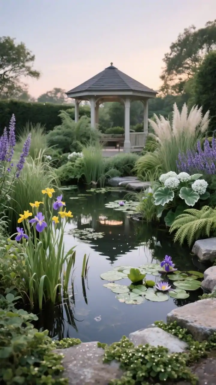 Medium shot, soft dusk light: layered planting around a pond and gazebo forming a lush mini-ecosystem. In and near water: Japanese iris, marsh marigold, dwarf cattail, water lettuce, hyacinth, water lilies; submerged oxygenators hinted beneath the surface. Around the gazebo: grasses, ferns, lavender, hosta, heuchera, feather reed grass, panicle hydrangea. Groundcover of creeping Jenny weaving between stones. Calming palette of soft greens, whites, and purples with occasional variegated leaves for texture; tranquil, dewy atmosphere.