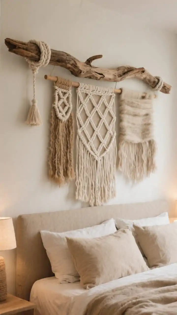 Medium shot, straight-on: A bedroom wall above a headboard featuring a gnarly, knot-filled driftwood dowel supporting layered macramé panels in varying lengths. Textures mix cotton rope, jute, and plush merino wool roving; one panel has a bold diamond weave, another is fringe-heavy for movement. A small tassel cluster finishes one end, echoing the wood’s natural curve. Neutral bedding in sand and oat tones, warm ambient lighting for a grounded, cozy mood; no people.