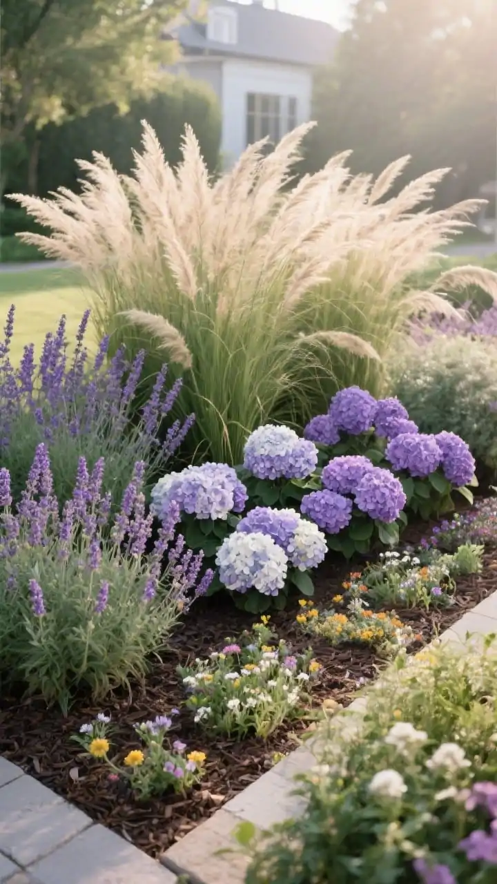Medium shot, straight-on: A cohesive planting bed arranged with intention bold anchors of ornamental grasses swaying, clusters of hydrangeas and lavender for movement and scent, planted in odd-numbered groupings (3-5-7) following a purple-and-white color palette; divisions of established perennials repeated around the bed; patches of emerging wildflower mix filling gaps; mulched soil, soft morning light.