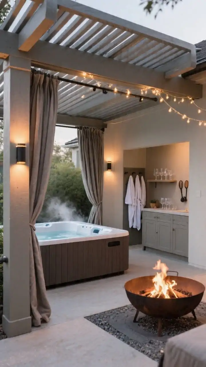 Medium shot, straight-on: An indoor-outdoor pergola structure framing both a hot tub and a nearby fire pit. Slatted/louvered roof section above the tub for steam escape; the fire pit area has solid cover. Performance-fabric curtains on ceiling tracks are partially drawn for wind control. Warm LED sconces mounted on pergola posts create a cozy glow, complemented by string lights. A simple outdoor cabinet stores robes, glassware, and fire pit tools. All-season, cocooned ambiance, no people.