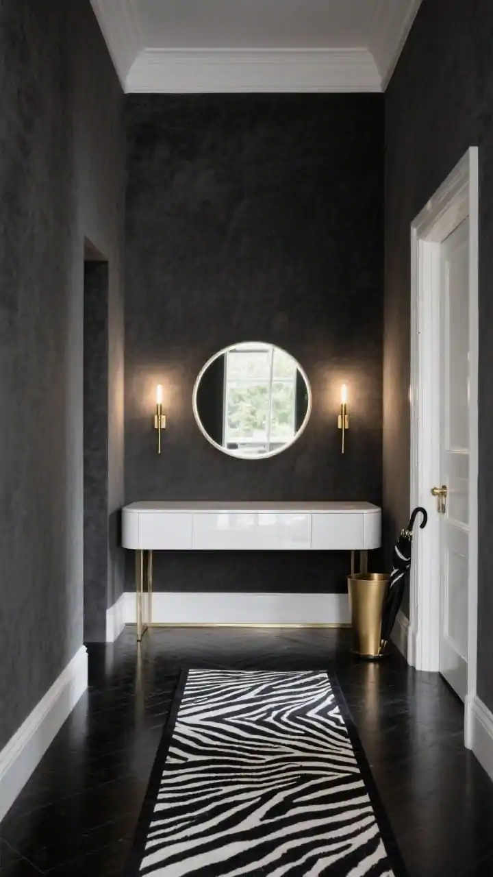 Medium shot, straight-on glam monochrome hallway: velvety matte charcoal walls and black-stained floors set a moody backdrop; a long glossy white lacquer console centered beneath an oversized round mirror; two slim brass linear sconces flanking the mirror casting warm, even light; a tonal zebra-pattern runner in black-and-ink along the floor; a minimalist brass umbrella stand by the door; high-contrast, high-impact, photorealistic, no people.