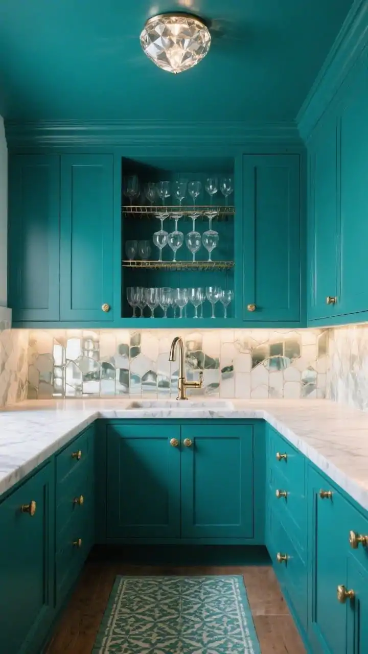 Medium shot, straight-on: Jewel-box butler’s pantry drenched in deep teal cabinets, trim, and ceiling all painted rich teal paired with calacatta-look countertops and a polished nickel bridge faucet. Back wall clad in antiqued mirror tile reflects soft under-cabinet LEDs. Upper cabinets feature stemware racks with glasses; lacquered brass knobs gleam. A patterned runner in complementary tones lines the floor. Faceted flush-mount ceiling light adds sparkle. Photorealistic, no people.