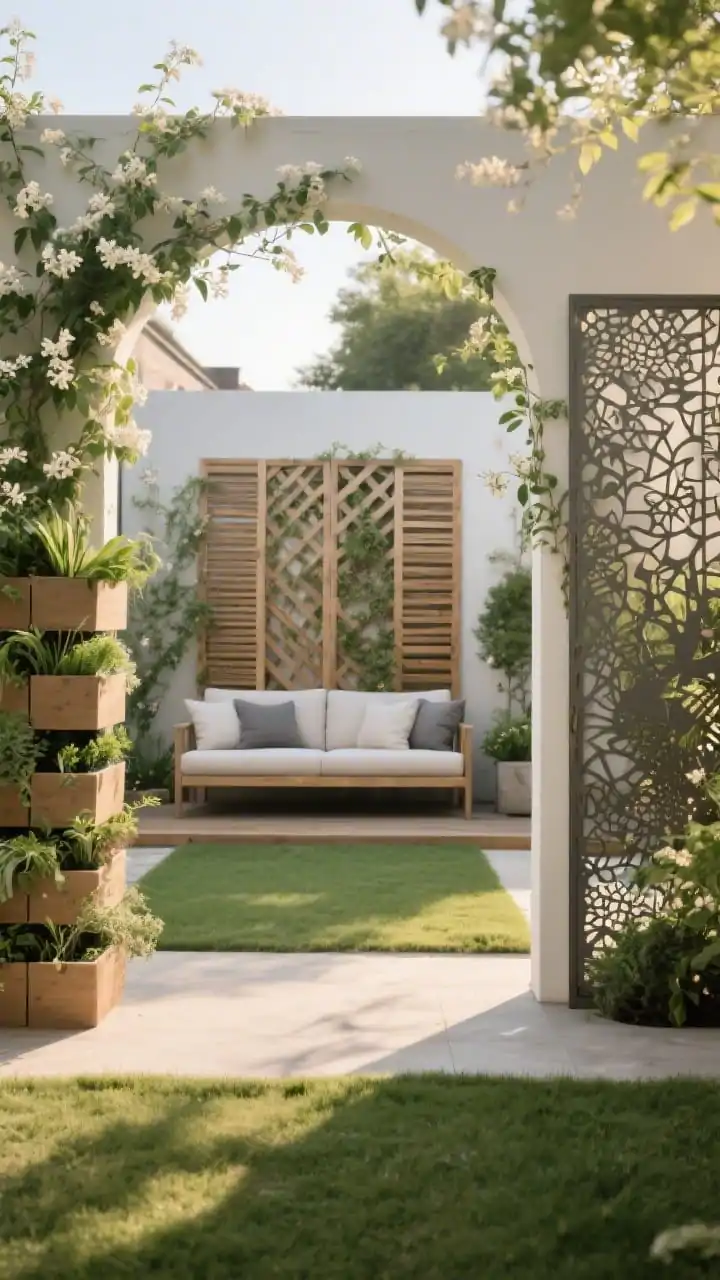 Medium shot, straight-on: Living architecture framing a garden seating area a freestanding trellis acting like a headboard behind an outdoor “sofa,” with slatted wood privacy screens to one side and a metal laser-cut screen to the other, both softening under fresh climbing vines; an arched arbor marks the path entry, trained with jasmine or clematis; a slim vertical garden of modular planters stacked with herbs and trailing plants enhances a small-lawn feel; late-afternoon warm light, clean lines, no people, photorealistic.
