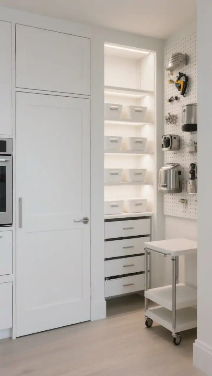 Medium shot, straight-on: Minimalist hidden pantry revealed behind full-height paneled doors matching adjoining kitchen cabinetry, now open to show ultra-ordered interiors: adjustable white melamine shelving, soft-close drawers, and neatly labeled pull-out bins. Motion-sensor LEDs illuminate the space evenly. A slim rolling cart fits perfectly between shelves; a pegboard wall organizes small appliances and tools in stainless accents. Clean touch-latch or hidden edge pulls maintain the seamless look. Photorealistic, no people.