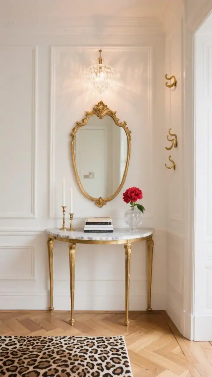 Medium shot, straight-on of a Parisian Petite Foyer: creamy ivory walls with slim panel molding, a marble-topped demi-lune console centered beneath a gilded vintage mirror. Styling includes tapered candlesticks, slim stacked books, and a single poppy-red peony in a crystal bud vase. Herringbone wood floors with a petite leopard-print rug, polished brass ribbon-shaped hooks on the wall, and a petite crystal flush mount casting warm light. Tailored and romantic, photorealistic.