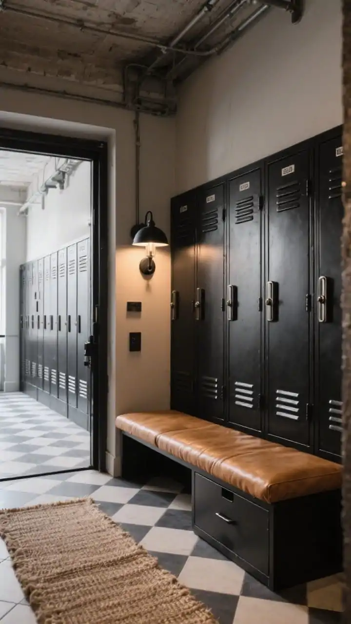 Medium shot, straight-on of an industrial-chic entry lined with blackened steel lockers vented doors, slim pulls, matte finish each door labeled subtly. A camel leather bench cushion spans a built-in bench with a drawer beneath. Floor shows small-scale checkerboard tile in charcoal and off-white; a jute runner softens the path. A factory-inspired sconce in matte black illuminates with a warm, focused glow. Mood: urban loft meets Parisian bistro. Photorealistic.