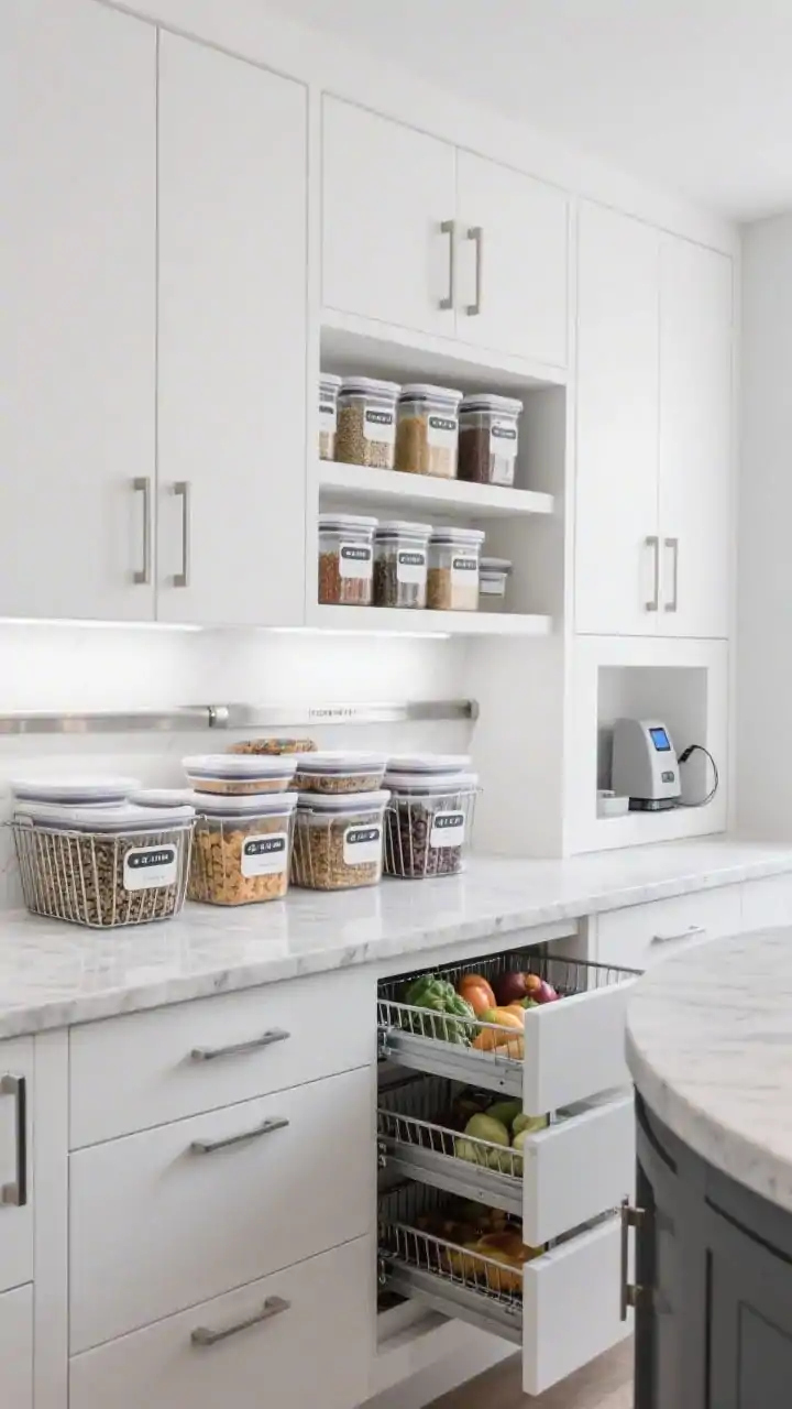 Medium shot, straight-on: Sleek chef’s pantry with white lacquer cabinetry, stainless pulls, and a quartz counter; spices in magnetic-lid jars with clean printed labels snapped onto a steel strip; stackable airtight containers with front-facing labels for bulk staples; ventilated baskets with steel frames holding produce; pull-out drawers and a lazy Susan partially visible; a digital label maker docked in a charging cubby; color story of white, stainless, and slate; bright task lighting; photorealistic.
