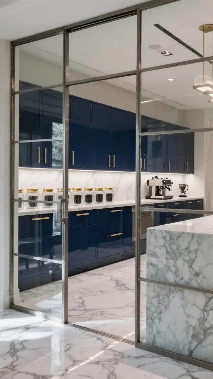 Medium shot, straight-on through glass: A luxe glass-box pantry enclosed by a steel-framed glass door with slim sidelights, revealing lacquered deep navy cabinetry with integrated under-shelf museum-style lighting; a narrow stone counter at chest height set for coffee gear, uniform crystal-clear canisters with gold or black lids perfectly aligned, and marble-look tile flooring with subtle veining reflecting the light; photorealistic, high-end showcase feel.