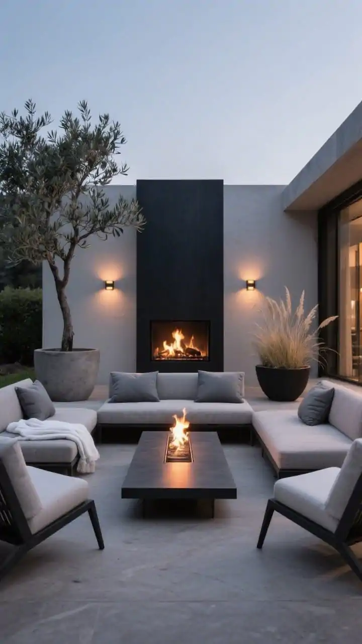 Medium shot, straight-on to a modern fireplace lounge: a linear outdoor fireplace or sleek fire table centered, a clean-lined sofa directly opposite with stone-gray cushions and crisp white throws; two angular lounge chairs flank the fire, angled inward to form a subtle U; a long rectangular coffee table echoes the fire’s shape; charcoal frames and minimal, moody palette; tall black planter with sculptural grasses and an olive tree in a concrete pot; warm wall sconces make the evening light cinematic.