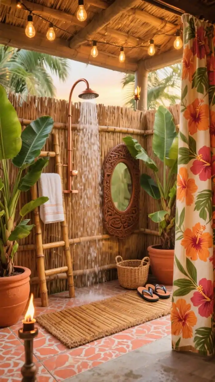 Medium shot, tropical tiki hideaway: enclosure wrapped in reed fencing and thatch panels; a curved copper rain shower head creating a waterfall effect; large terracotta pots flanking the space with banana leaves, philodendron, and palms; patterned outdoor tiles in sun-kissed terracotta and coral tones underfoot layered with a slatted acacia mat; bamboo ladder holding towels, carved wood mirror on the fencing, rattan basket with flip-flops; solar tiki torches and warm string lights overhead creating a golden dusk ambiance; a bright hibiscus-print curtain pulled to one side; palette of terracotta, honey rattan, deep greens, burnished metal; photorealistic, no people.
