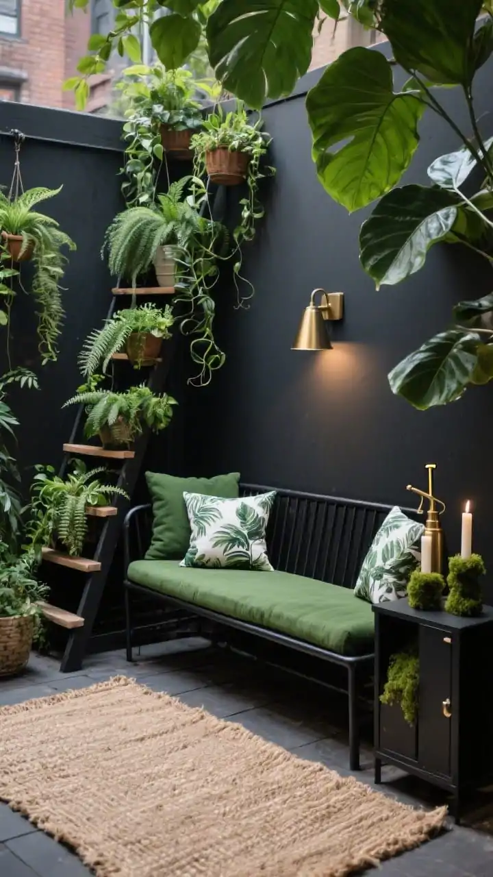 Medium shot, Urban Jungle Lounge: a compact patio anchored by a black metal bench with deep green cushions; stepped plant ladder and hanging planters densely layered with pothos, ferns, and philodendrons; jute or sisal rug underfoot; matte black wall-mounted sconce on a charcoal wall; brass plant mister on a narrow storage side table with a hidden cabinet; botanical-print pillows and mossy candleholders; oversized leaves framing the seating; moody, lush feel with soft sconce glow, no people, photorealistic.