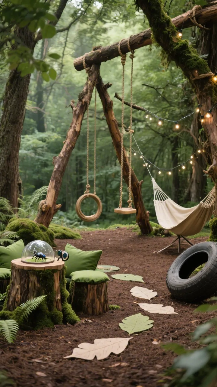 Medium shot, Woodland Adventure Glade: a natural log A-frame swing set tucked under dappled tree shade; soft mulch ground with leaf-shaped stepping stones creating a path; a mossy play stump beside a mini bug-viewing table with magnifying domes; forest-green canvas cushions on a stump cluster; swing lineup includes a disc swing, a tire swing, and a hammock chair; solar fairy lights threaded through branches; textures of rough-hewn wood, canvas, and jute rope; forest green, bark brown, fern, and cream tones; enchanted fairytale vibe, photorealistic.
