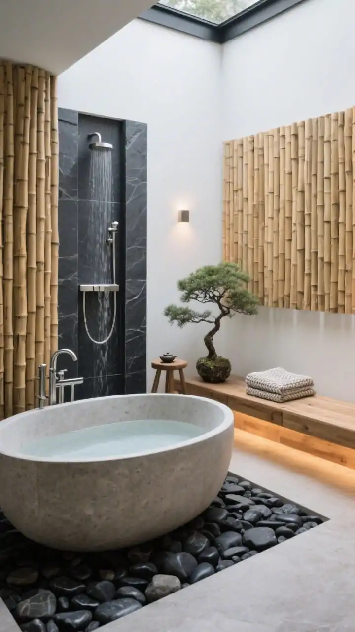 Medium shot, zen stone sanctuary: freestanding oval soaking tub in matte stone set in a bed of smooth black river stones, open-air shower panel framed by charcoal slate with water disappearing into a hidden linear drain, bamboo privacy screens, low cedar bench with folded linen waffle towels, brushed stainless fixtures, small tea stool and a bonsai; palette of charcoal, ash, bamboo blonde, soft white; dimmable warm LED glow tucked under bench edges for serene ambience; corner angle, photorealistic.