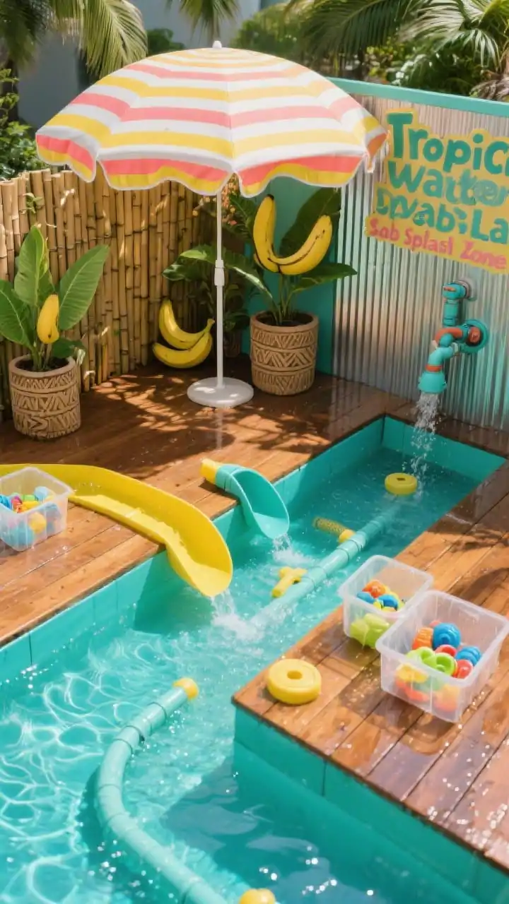 Medium, slightly elevated angle of a “Tropical Water Lab Splash Zone”: a low wooden deck painted sun-warmed teal with a gutter-style water run featuring funnels, valves, and channels; banana leaf planters and a tiki-inspired privacy screen of bamboo; clear bins of floating toys; a hand pump plumbed to the run and a corrugated metal panel mounted to create a rain sound; a bright striped umbrella casting wavy shadows across wet wood; palette of teal, sunshine yellow, coral, palm green; humid, sunlit summer feel with glints on water, no people, photorealistic.