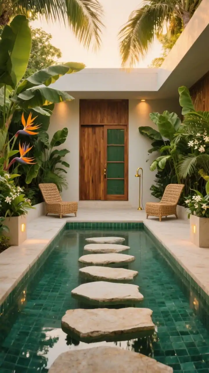 Medium, slightly elevated courtyard entry view at golden hour: a slim lap pool leads to floating oversized limestone stepping stones toward a teak-clad façade with a large pivot door. Dense tropical planting flanks both sides banana leaves, bird-of-paradise, fragrant jasmine, and a canopy of palms. Soft indirect lighting glows from under planters. Include two woven rattan lounge chairs and a playful outdoor shower with a brass spout near the foliage. Materials: teak, creamy limestone, smooth plaster, emerald-toned glass tile. Palette: teak, deep jungle green, brass. Vibe: boutique hotel, lush, sensory. Photorealistic, no people.