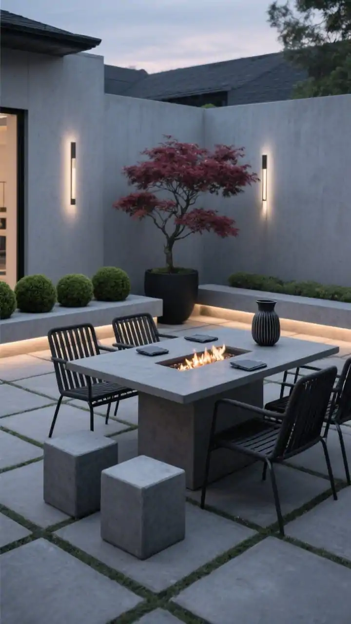 Medium, straight-on architectural scene at dusk: modern charcoal concrete slab patio forming a crisp, uniform graphic grid; black powder-coated aluminum dining set with slatted backs aligned on the grid; linear concrete fire table centered, paired with two cube side stools; potted boxwood balls and a single Japanese maple with burgundy foliage in a matte planter; matte black and gunmetal accents; thin-edge wall lights and hidden LED strip lighting under bench edges producing an even evening glow; slate coasters and a ribbed outdoor pitcher on the table; photorealistic, minimalist, gallery-like.