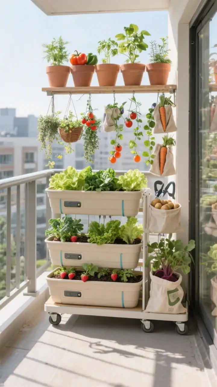 Medium, straight-on balcony scene of a mobile micro-farm: rolling trough planters and stacking containers arranged by height with tallest at the railing; deep 5+ gallon pots holding tomatoes, peppers, and dwarf eggplant; window boxes brimming with lettuce, arugula, baby kale, and strawberries; fabric grow bags for potatoes, carrots, and beets; hanging baskets with trailing cherry tomatoes, thyme, and nasturtiums. Include a slim rolling cart: sun-lovers on top shelf, herbs mid-shelf, tools and soil bags below. Visible self-watering reservoir inserts in key containers, subtle drip lines with a timer. Bright, direct morning sun with crisp shadows, no people.