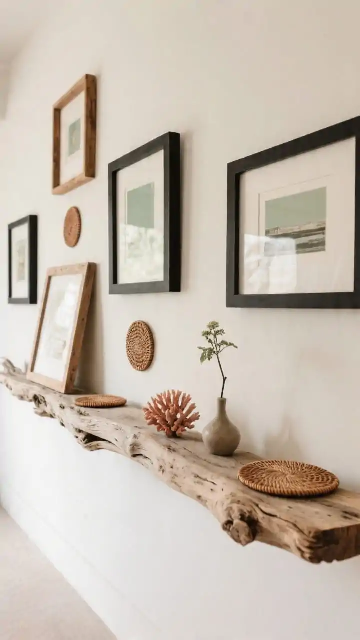 Medium, straight-on composition of a driftwood picture ledge gallery wall. The ledge is a long, naturally contoured driftwood piece with a slight lip; layered matte black frames and raw wood frames lean against the wall, interspersed with woven coasters, a small coral-inspired sculpture, and a tiny bud vase. Cohesive palette: sand, white, black, and a single accent color (sage or rust). Varying heights and overlaps create dimension; soft ambient light enhances textures of wood, weave, and matte finishes.